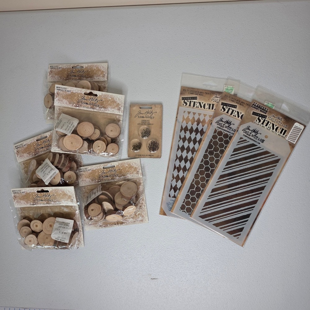 NEW Jim Holtz Idea-ology Craft Lot Brown Wood Slices Stencils Screw Eyes 9pc
